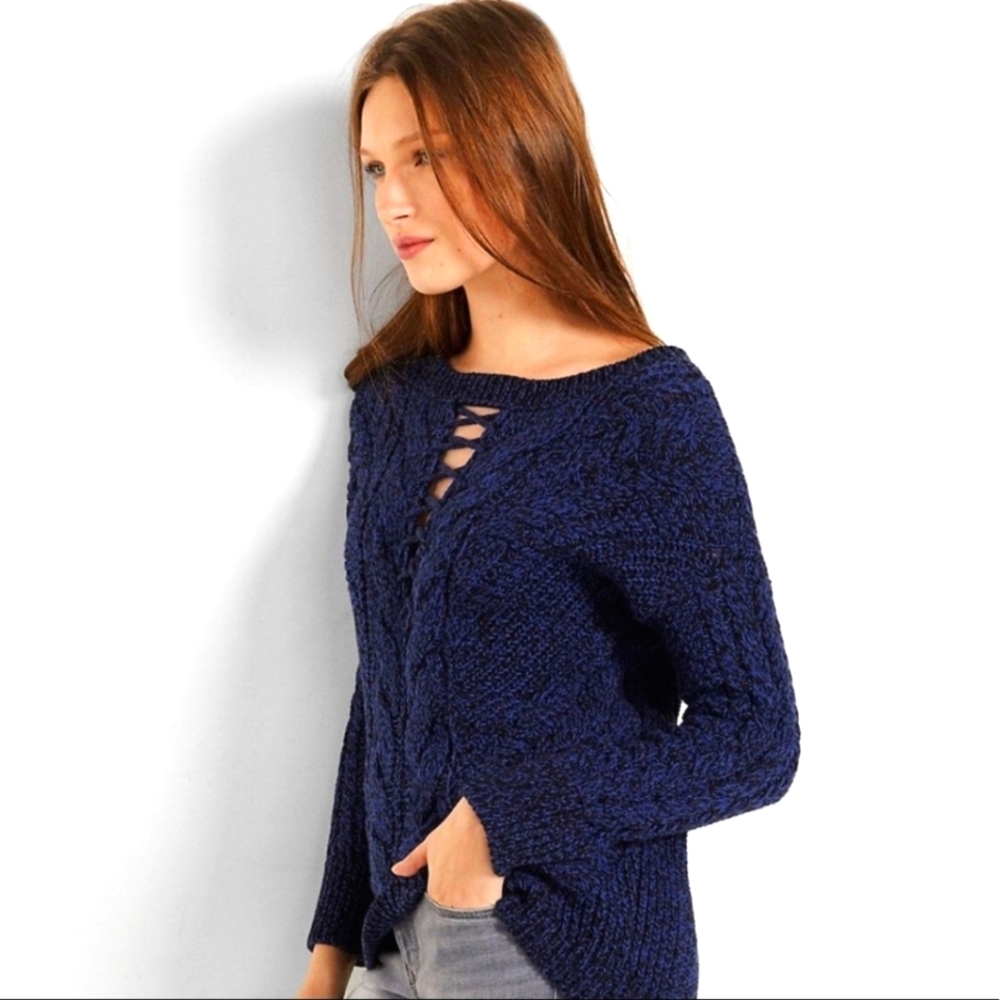 Express Deep Blue Lace Up V-Neck Sweater